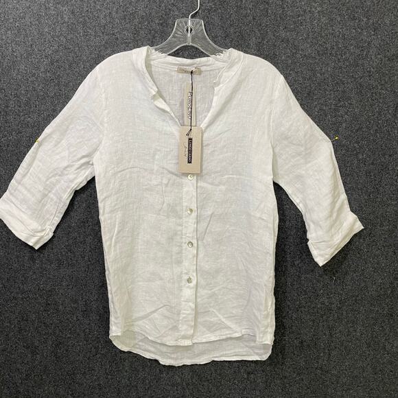 Puro Lino White Linen Blouse Italy European Style Button Front Top | Size L - Picture 1 of 11
